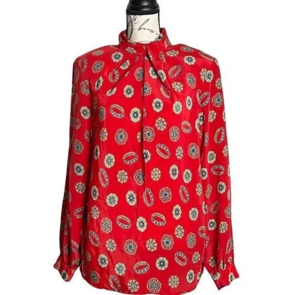 Vintage 80s Anna Kriste Red Print High Neck Career Blouse Top
